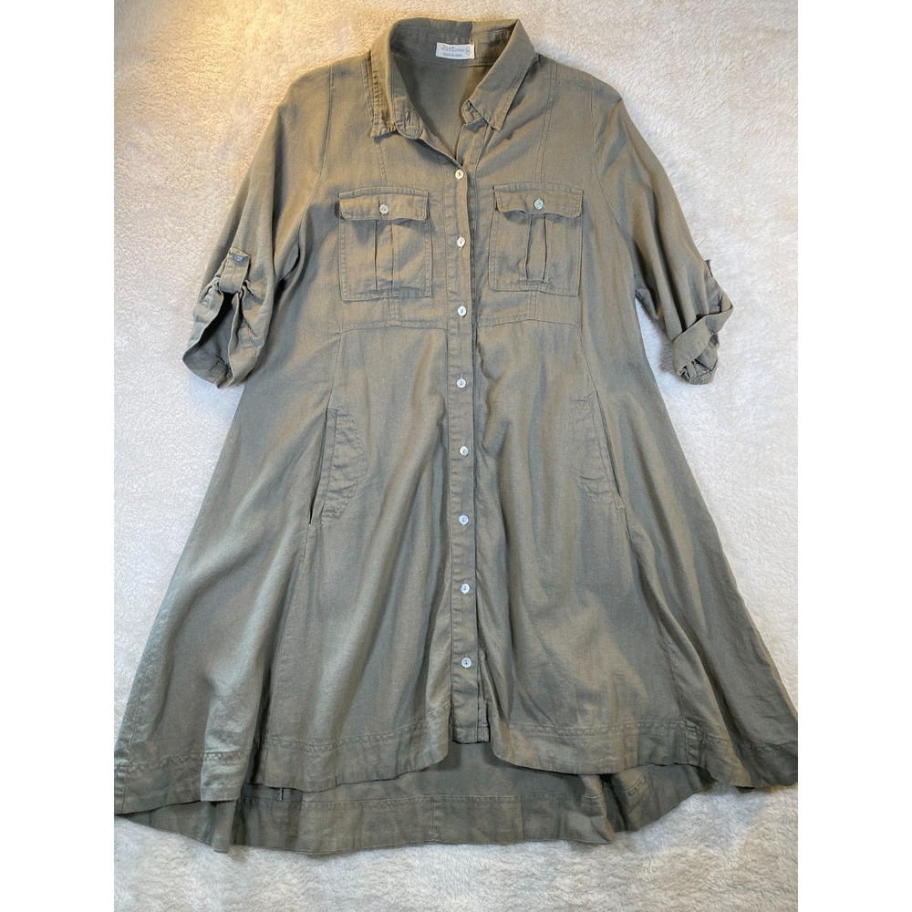Just Living Linen Blend Dress Women's XS Army Green Button Front Pockets